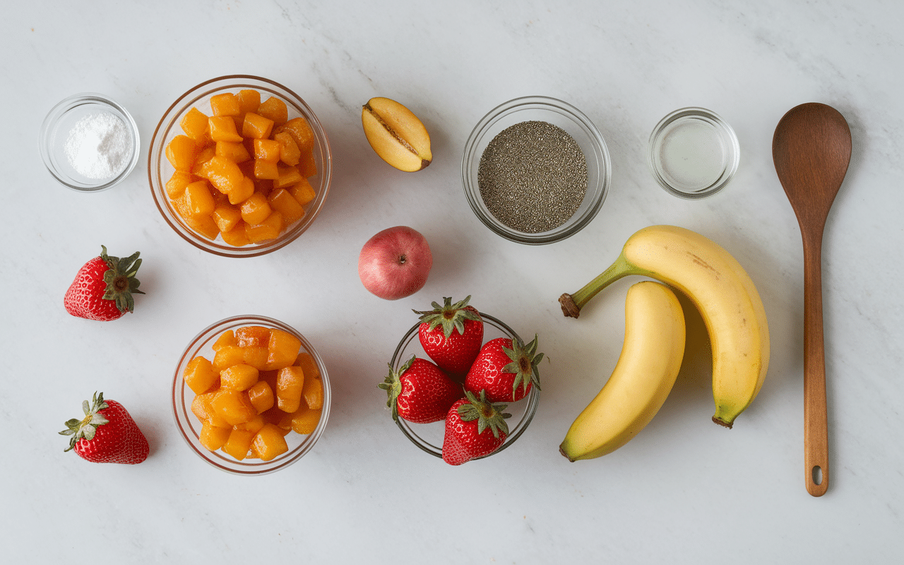 Ingrédients confiture de fraise sans sucre sur marbre blanc