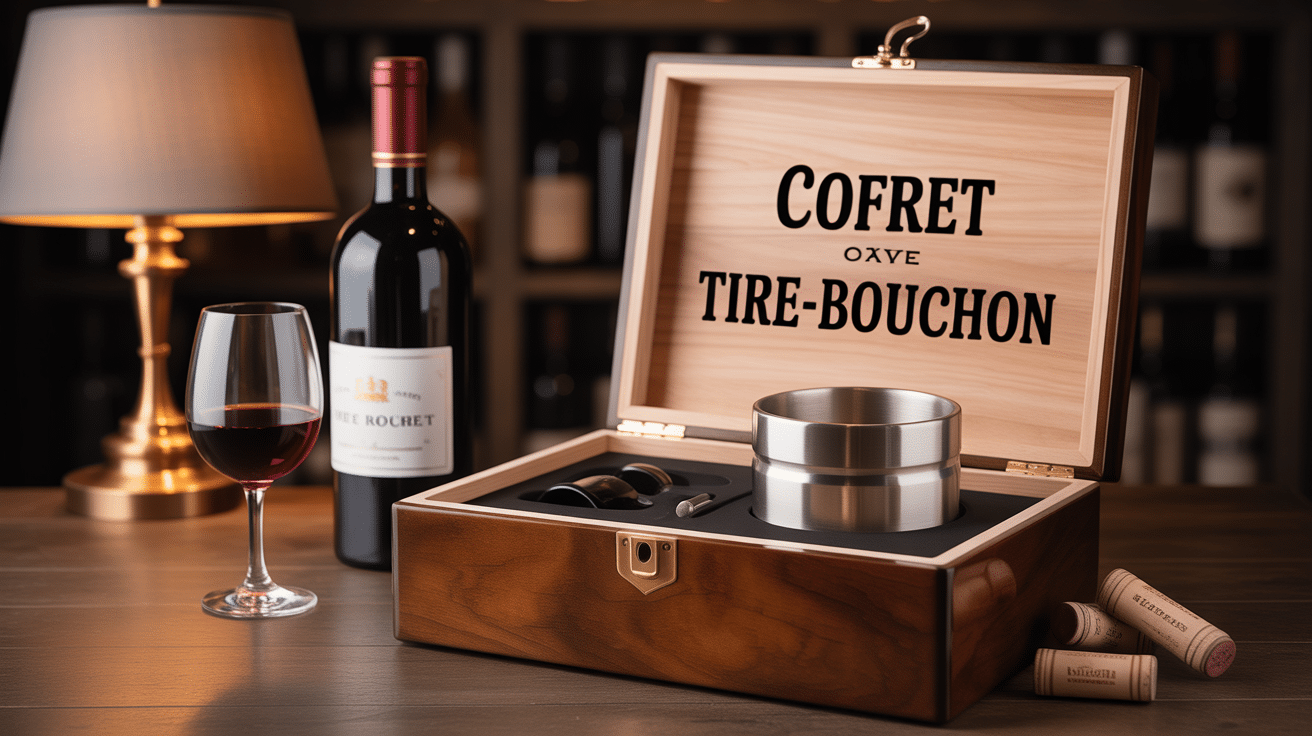 coffret tire bouchon en bois ouvert avec accessoires vin