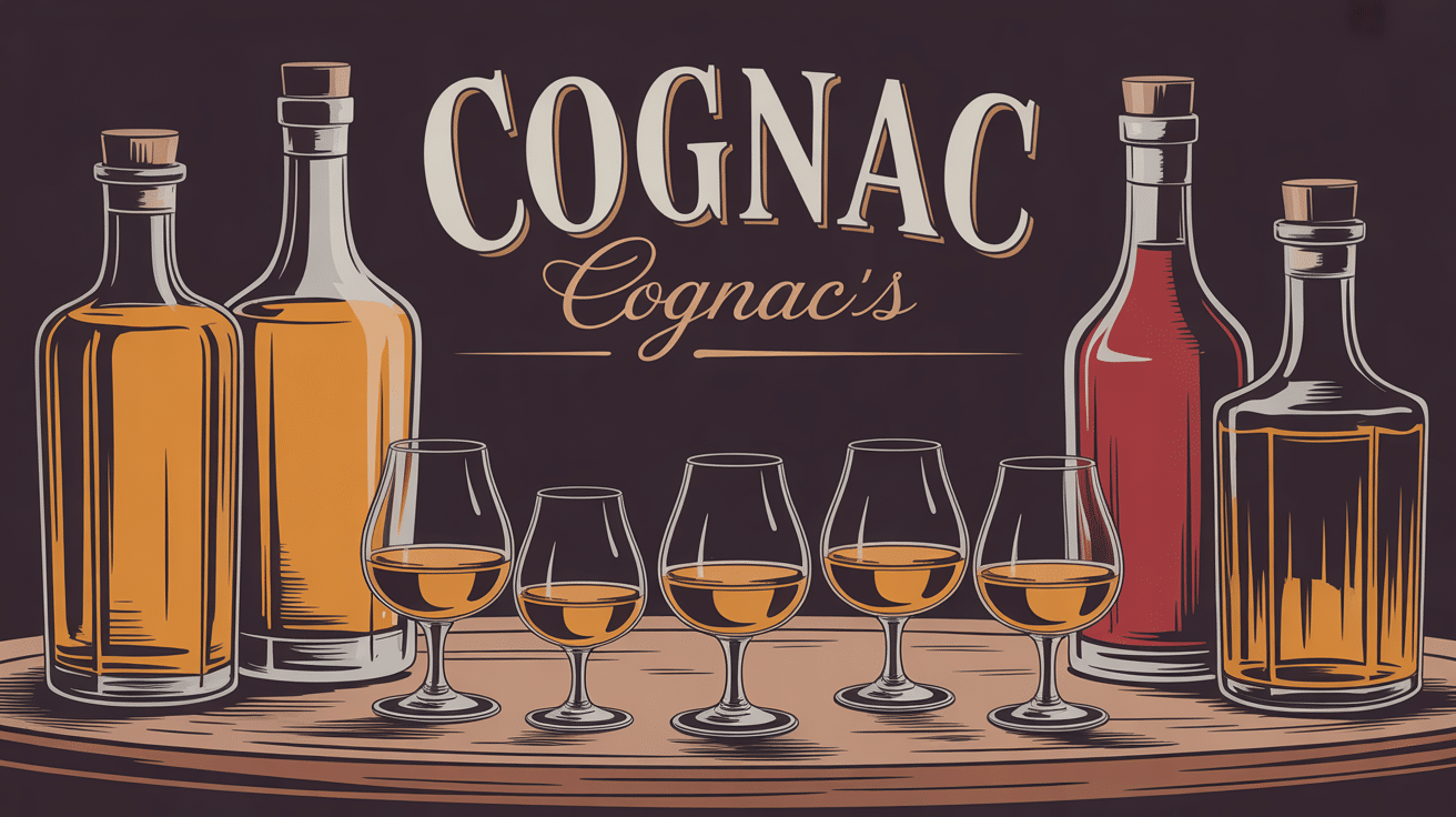 Cognac vs spiritueux en bouteilles sur bois noble ambiance dorée
