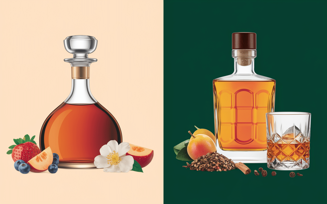 Cognac vs whisky en verres avec éléments distinctifs