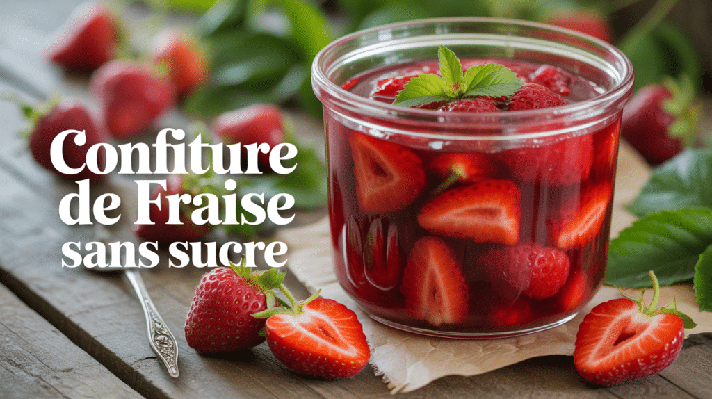 Pot de confiture de fraise sans sucre sur table rustique