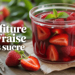 Pot de confiture de fraise sans sucre sur table rustique