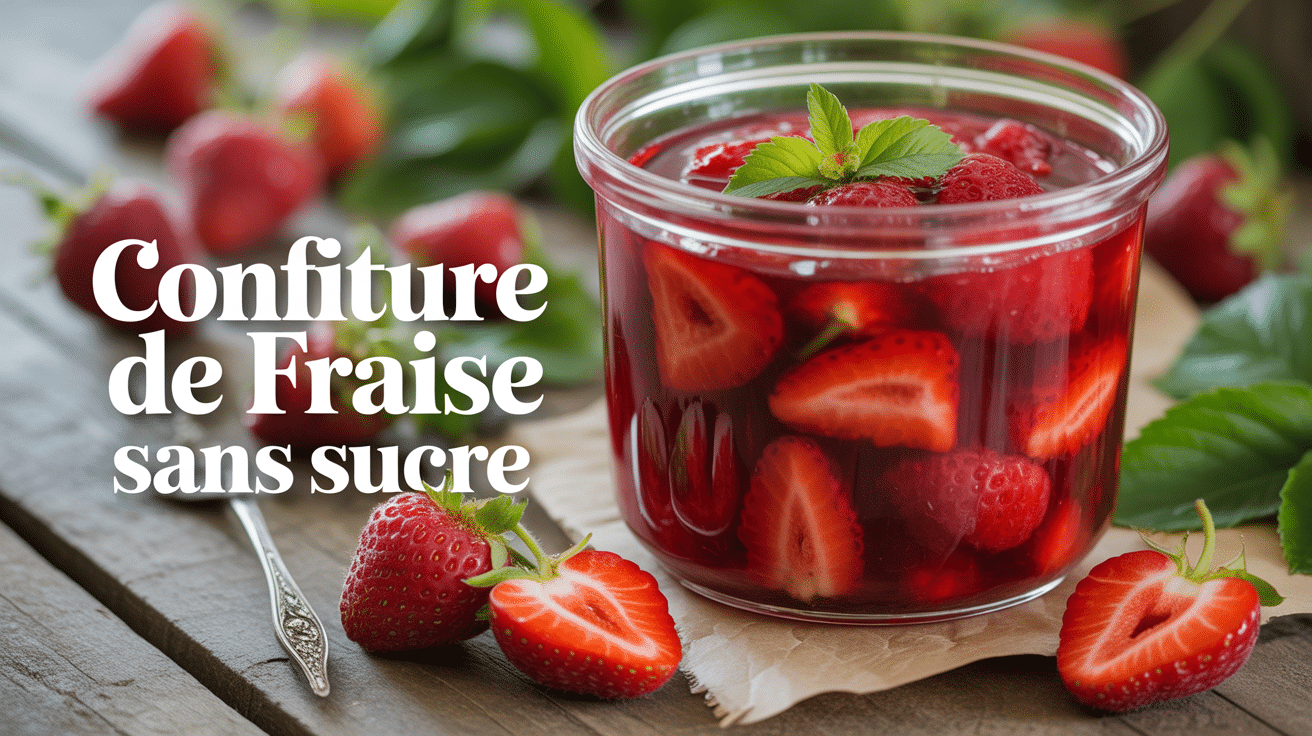 Pot de confiture de fraise sans sucre sur table rustique