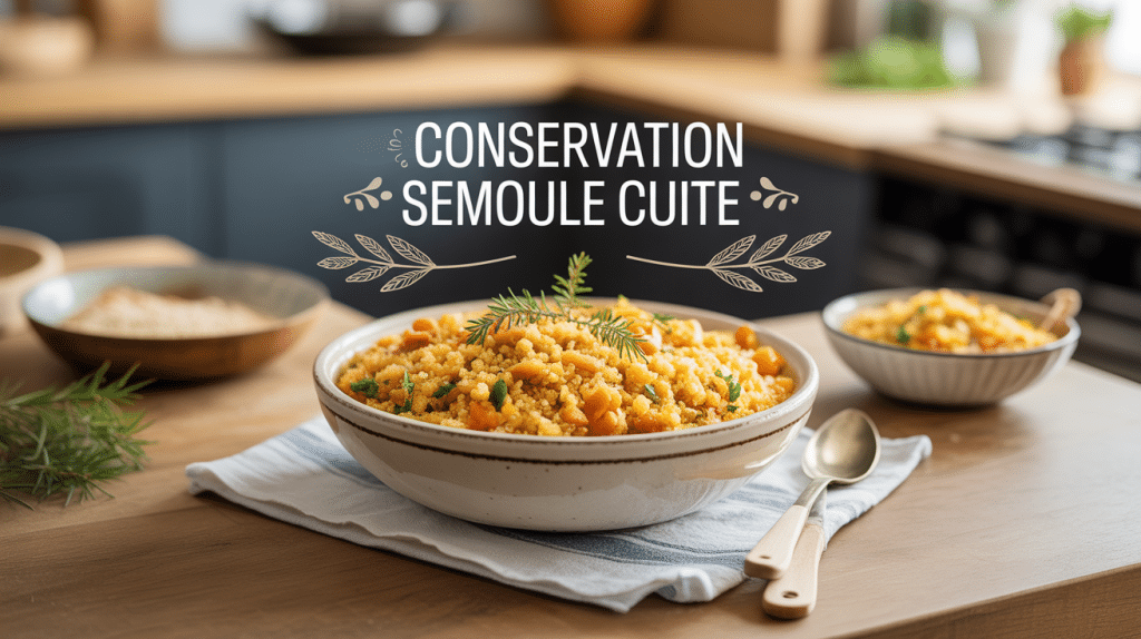 Semoule cuite dorée conservation bol blanc