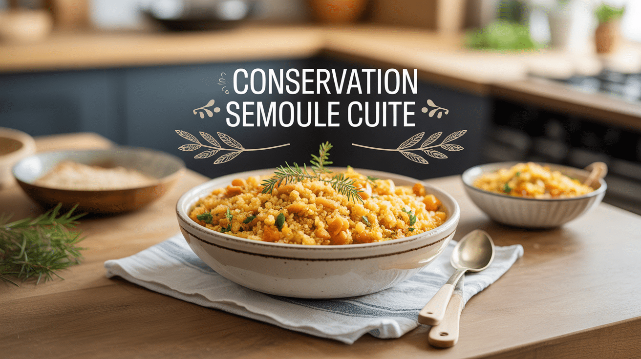 Semoule cuite dorée conservation bol blanc