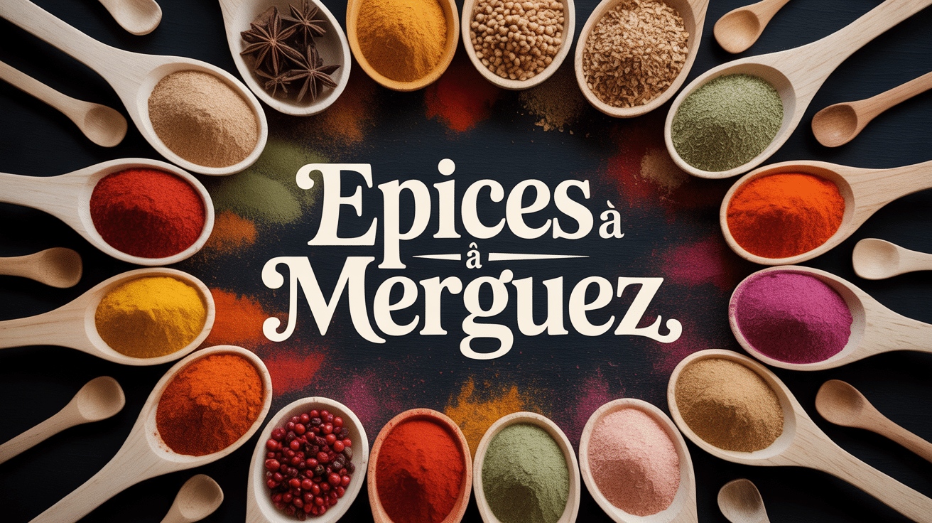 Assortiment épices à merguez recette avec cuillères et bocaux