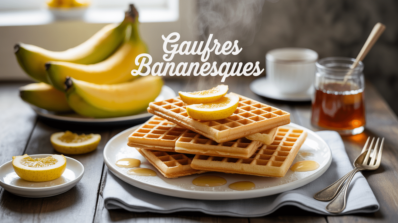 Gaufres bananesques Chicchew dorées avec tranches de banane et sirop