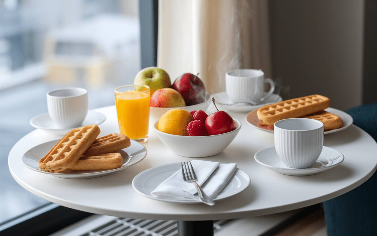 Table de petit-déjeuner avec gaufres bananesques Chicchew et fruits