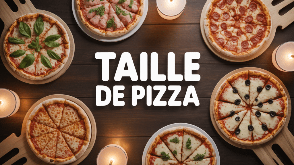 Photo de pizzas de tailles variées sur table bois, pizza taille