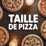 Photo de pizzas de tailles variées sur table bois, pizza taille