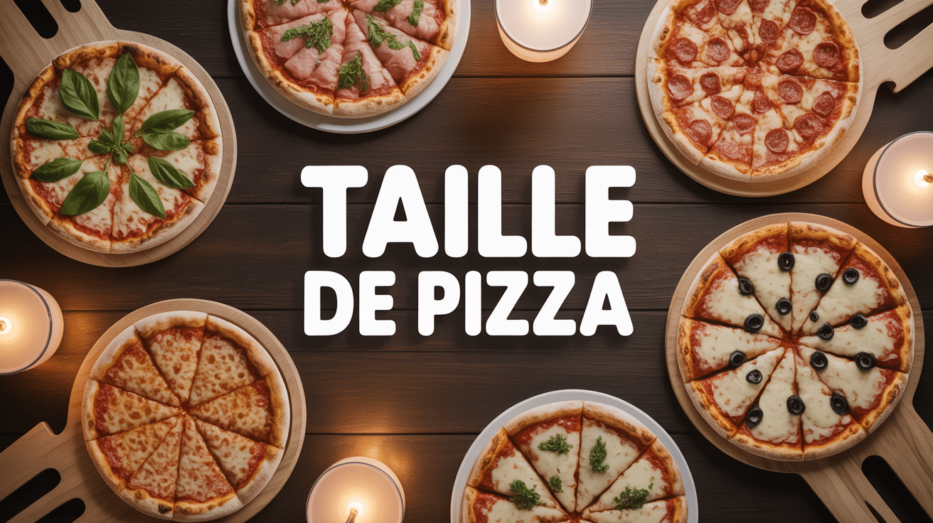 Photo de pizzas de tailles variées sur table bois, pizza taille