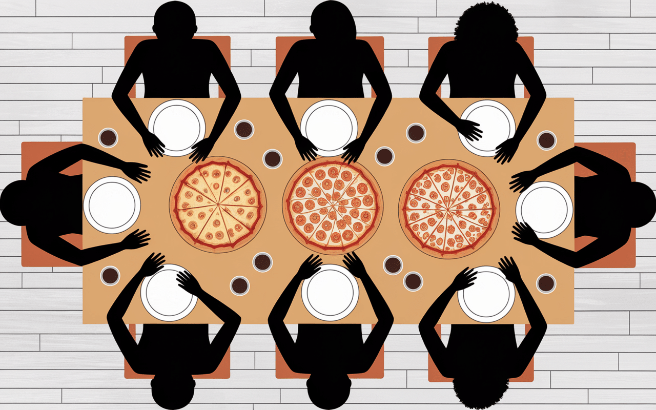 Table conviviale avec pizzas tailles variées, pizza taille