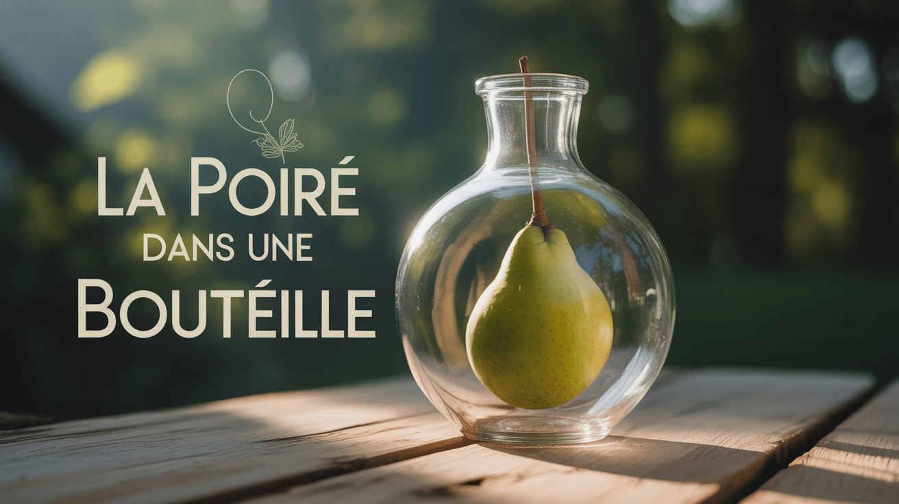 poire dans une bouteille sur une table en bois, lumière dorée