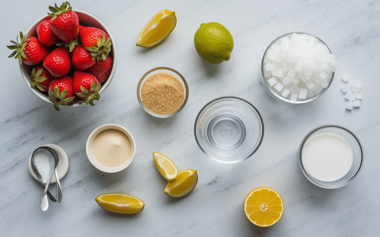 ingrédients caipiroska fraise sur plan de travail