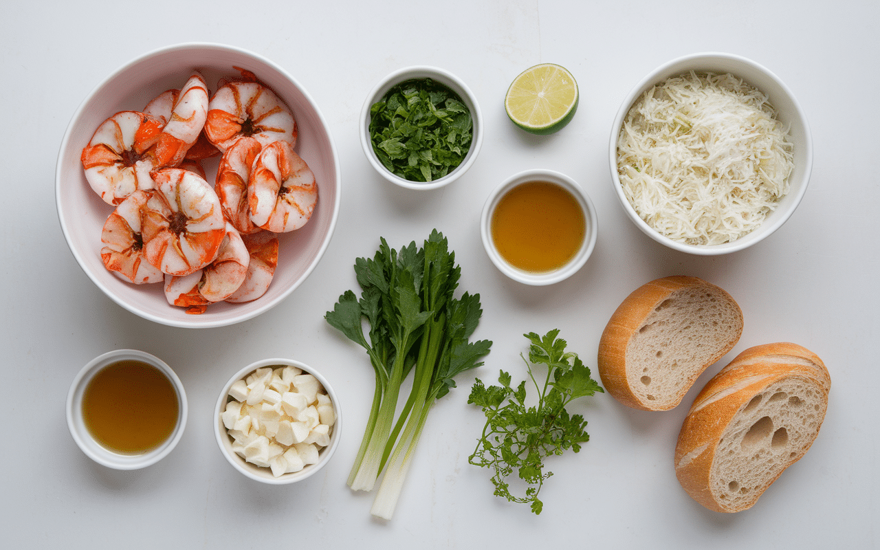 Ingrédients salade vietnamienne crevette séparés vue aérienne