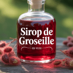 Bouteille de sirop de groseille rouge entourée de groseilles fraîches