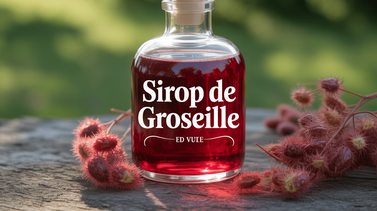 Bouteille de sirop de groseille rouge entourée de groseilles fraîches