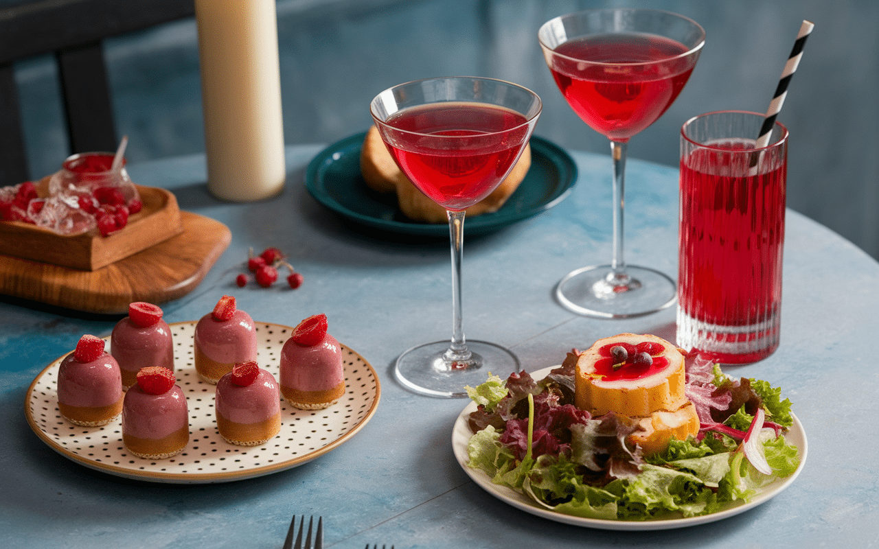 Desserts et boissons au sirop de groseille sur table décorée
