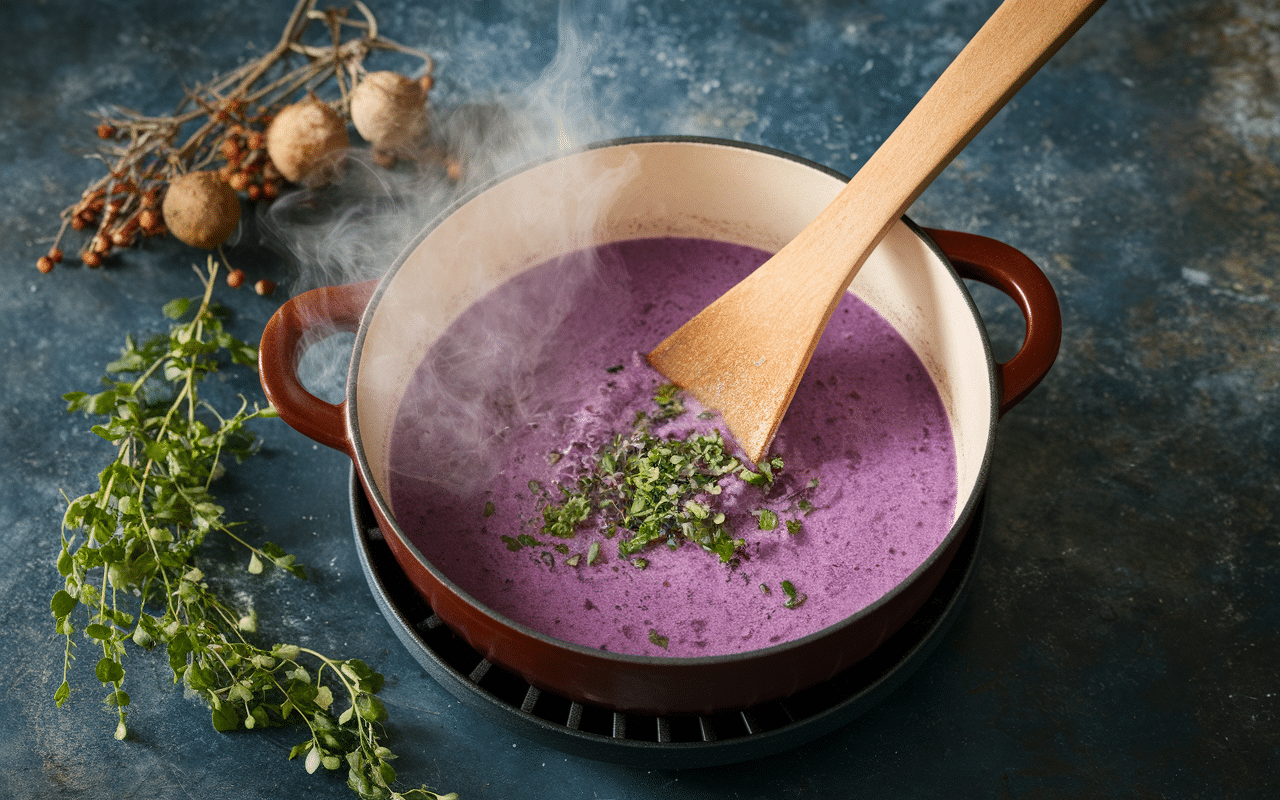 Préparation soupe aux myrtilles casserole feu doux