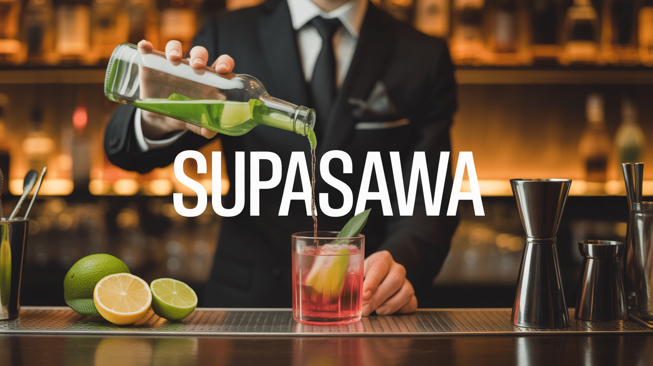 supasawa sur bar moderne avec bouteille et agrumes