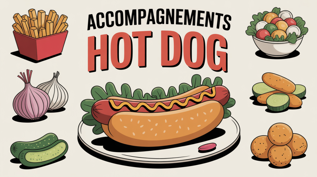 Accompagnement hot dog sur assiette avec frites salade oignons pickles legumes