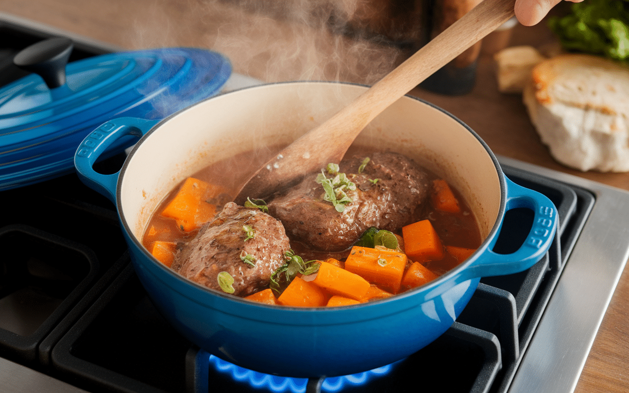 Cuisson en cocotte du boeuf braisé aux carottes