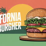 california hamburger appétissant avec avocat, salade et palmiers