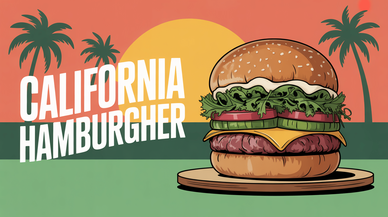 california hamburger appétissant avec avocat, salade et palmiers