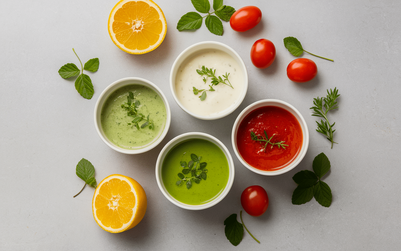 trois sauces dorade en bols avec ingrédients