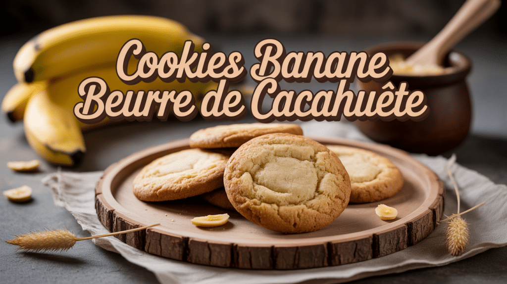 Cookies banane beurre de cacahuete dorés sur assiette avec bananes et beurre de cacahuete