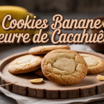Cookies banane beurre de cacahuete dorés sur assiette avec bananes et beurre de cacahuete