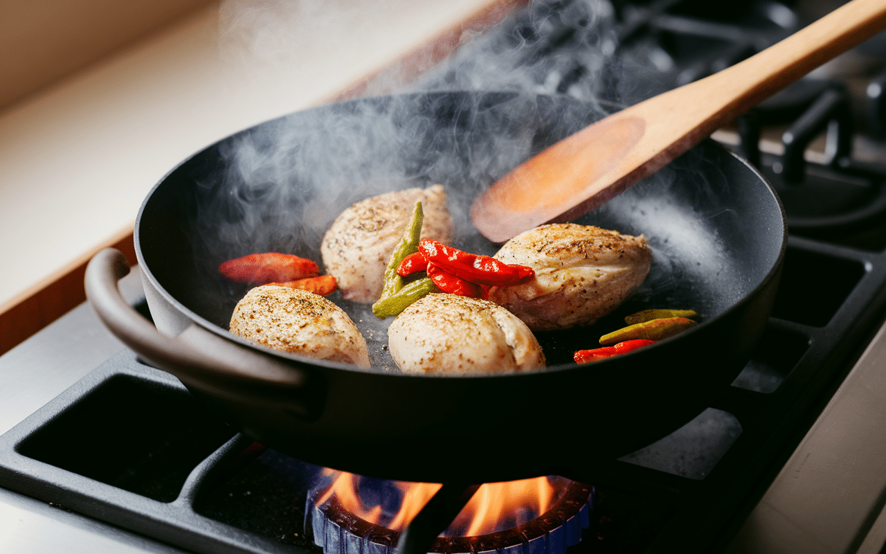 cuisson blanc de poulet au poivron avec poêle