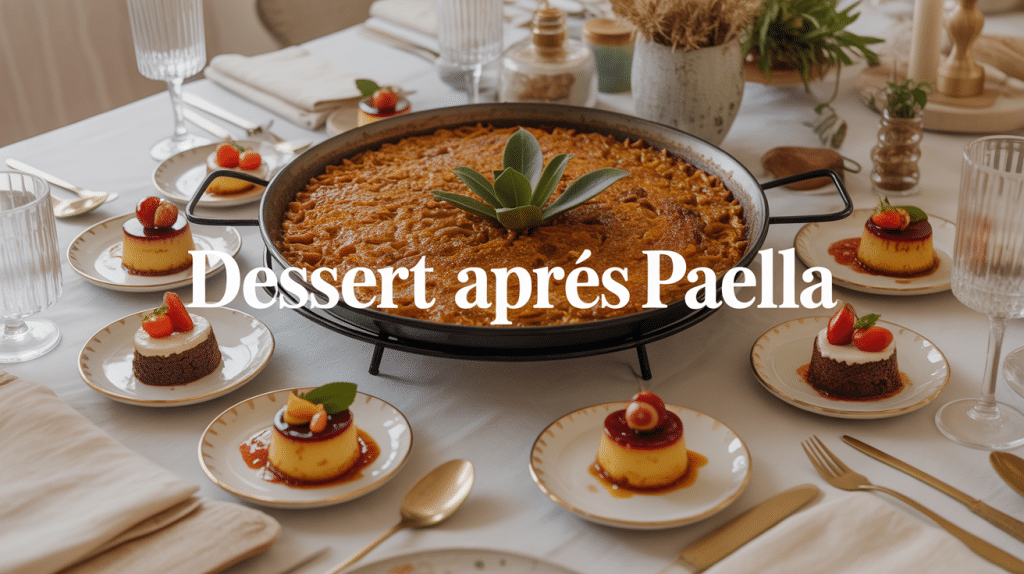 Table avec paella et desserts espagnols après paella