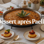 Table avec paella et desserts espagnols après paella