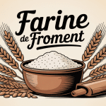 tas de farine de froment avec grains et cuillère en cuisine rustique