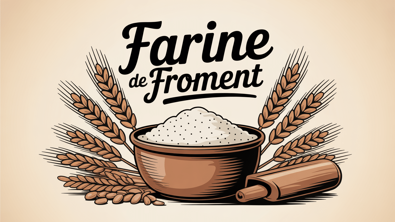 tas de farine de froment avec grains et cuillère en cuisine rustique