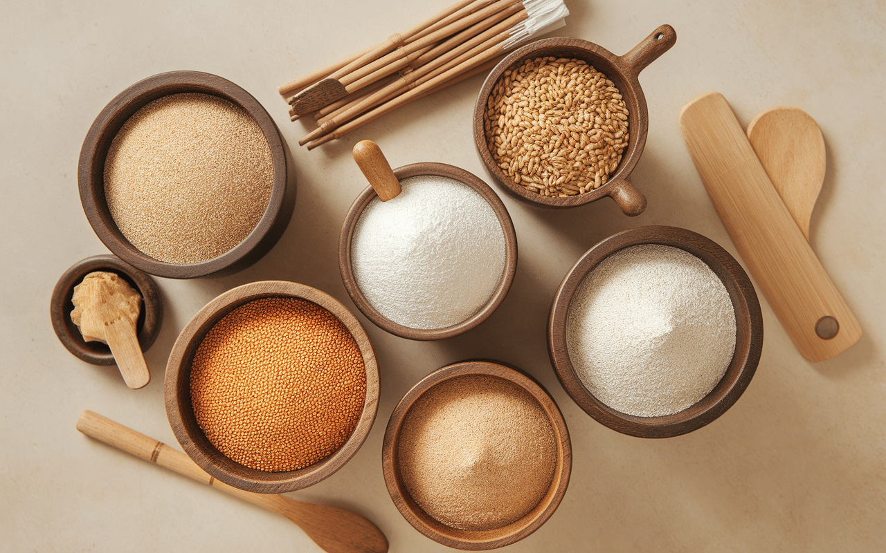 différents types de farine de froment en bols avec grains et ustensiles