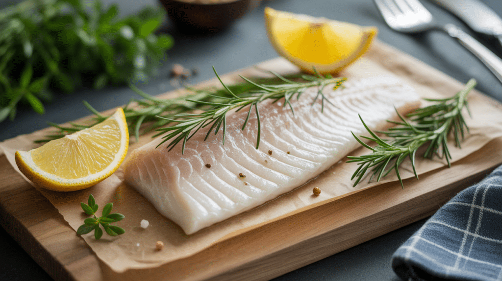 filet de lingue frais sur planche bois avec herbes