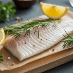 filet de lingue frais sur planche bois avec herbes
