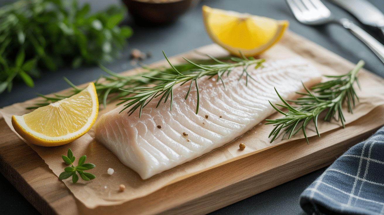 filet de lingue frais sur planche bois avec herbes