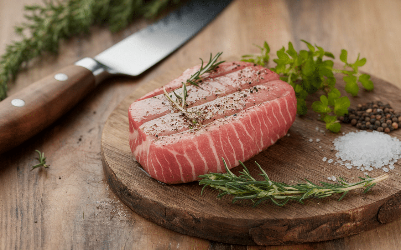 Préparation filet mignon en sauce fond de veau cru sur planche