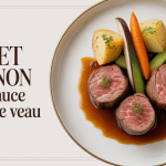 Filet mignon en sauce fond de veau dressage élégant assiette blanche