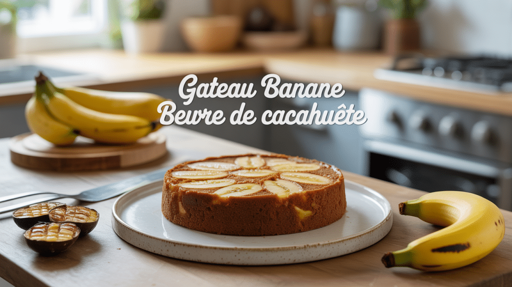 gateau banane beurre de cacahuete sur assiette avec bananes et cacahuetes