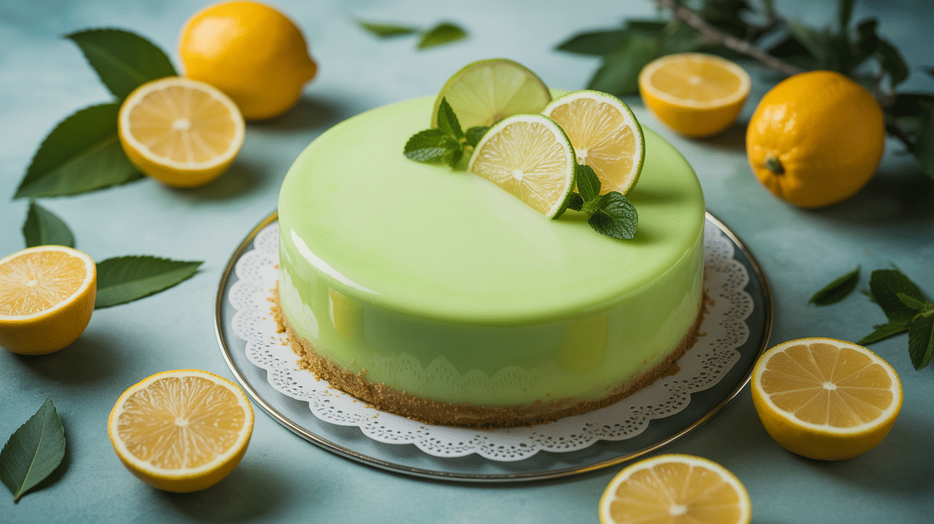 gateau citron vert moelleux entouré citrons verts et menthe