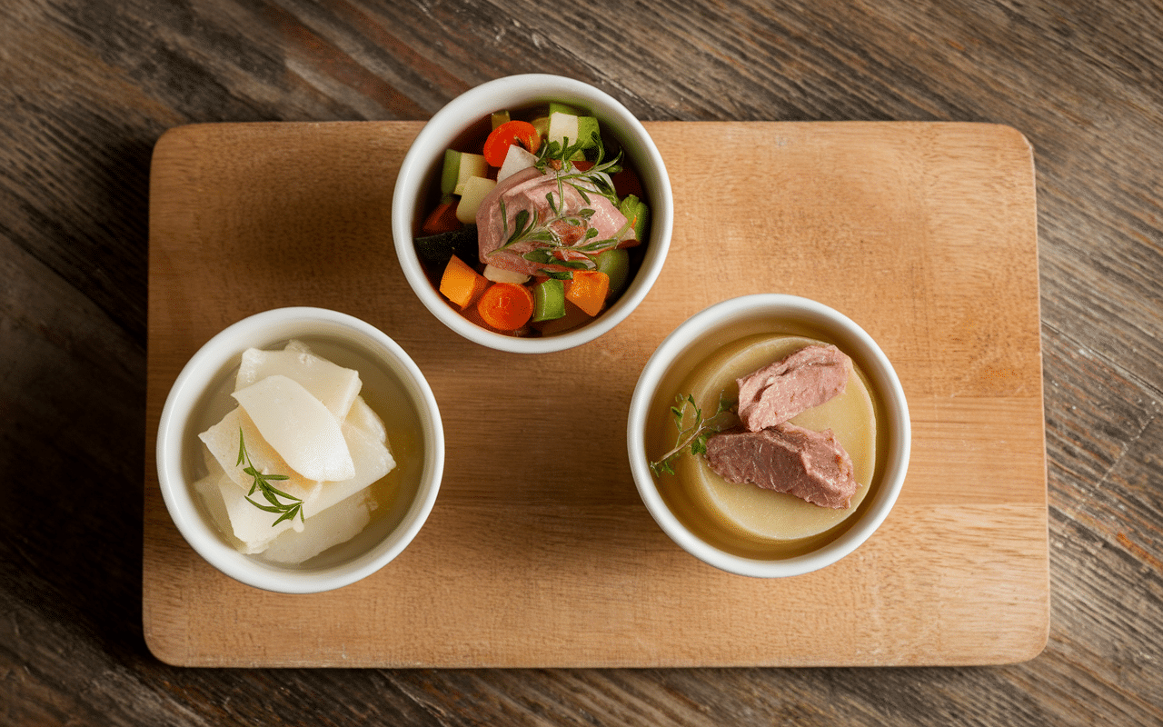 Différents bols de graisse de porc en cuisine sur plan de travail