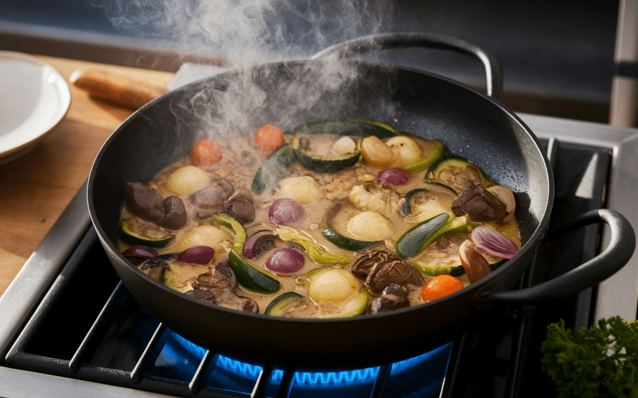 Poêle en fonte graisse de porc en cuisine avec légumes dorés
