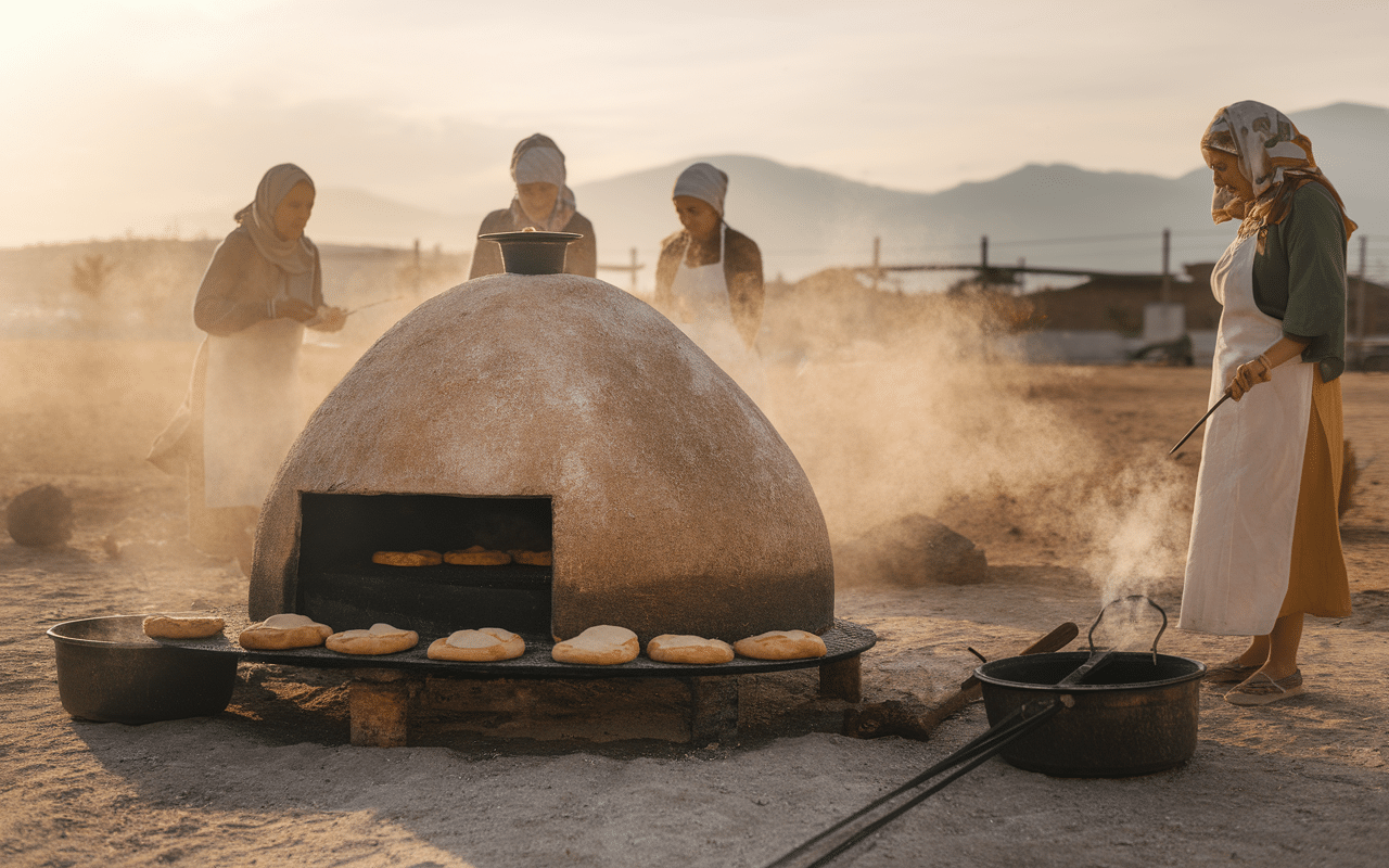 Femmes cuisinent autour d’un four palestinien en village