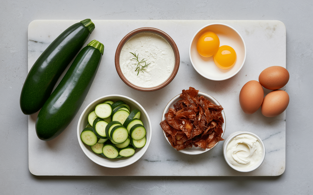 Ingrédients quiche courgettes chèvre lardons sur plan de travail