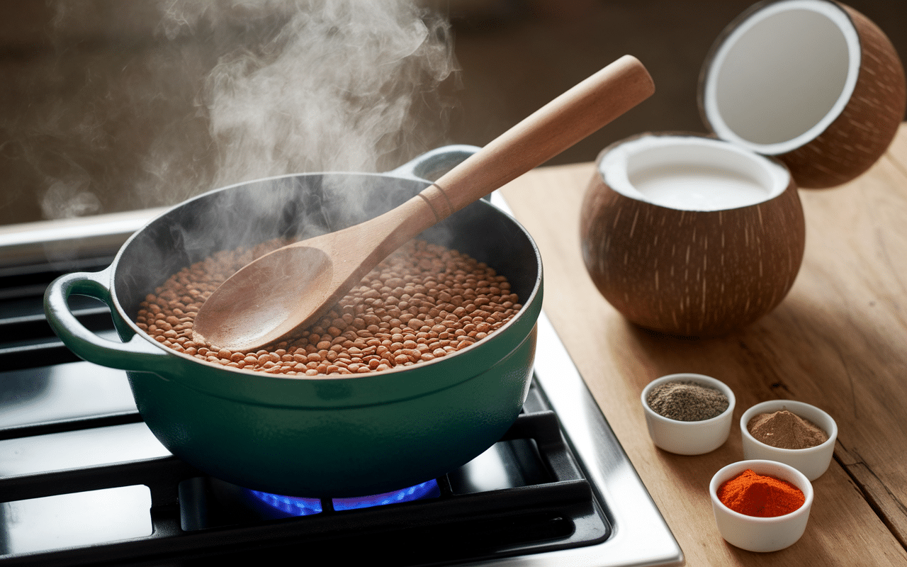 préparation lentilles corail au lait de coco recette en casserole