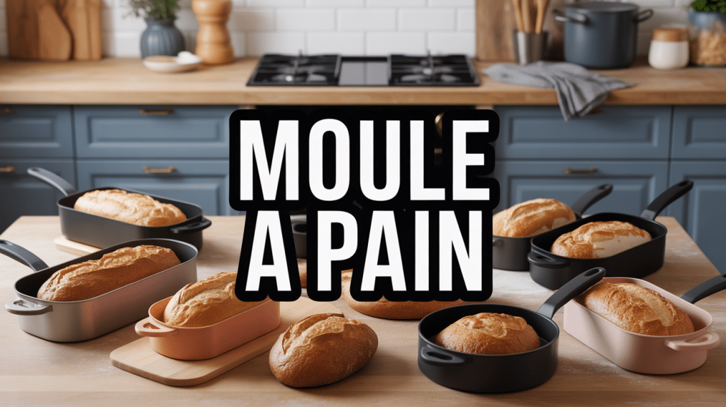 différents moules a pain sur plan de travail avec pains dorés